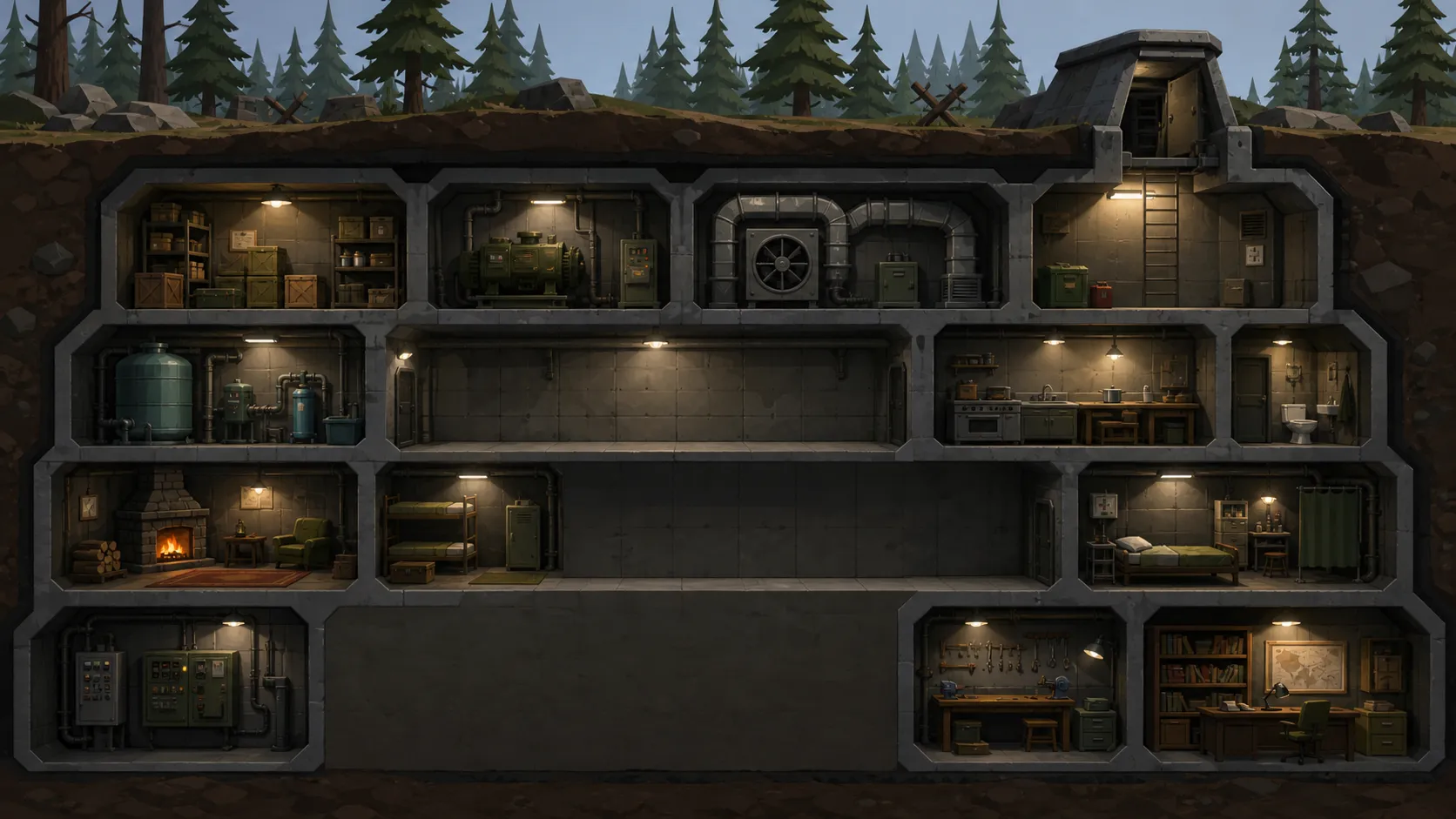 Cutaway of the underground bunker — a fireplace, medstation, kitchen, workbench and stash lit warm against the dark earth.
