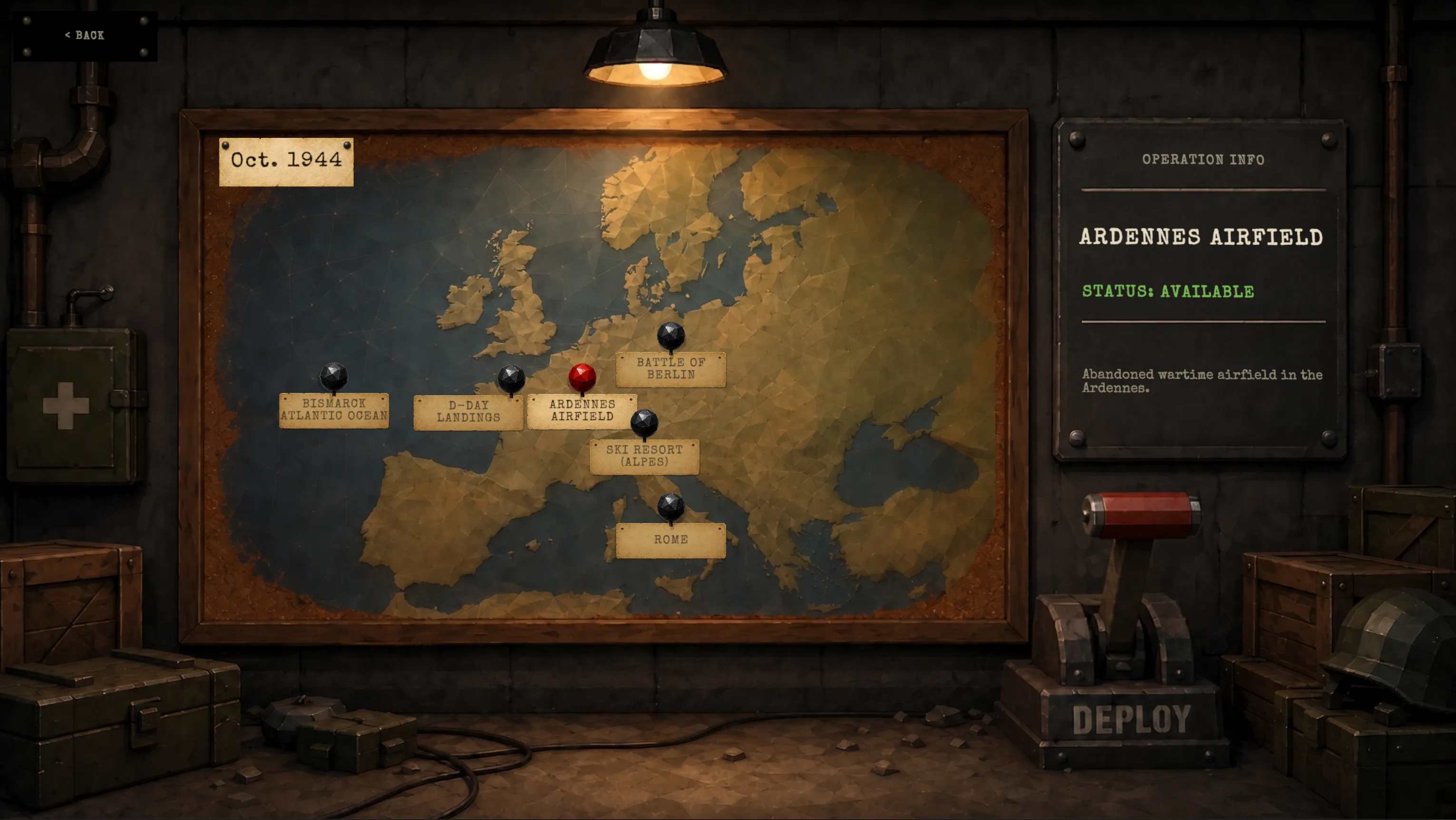 The operations map — a pinned map of wartime Europe, October 1944, with Ardennes Airfield selected for deployment and a DEPLOY command ready.