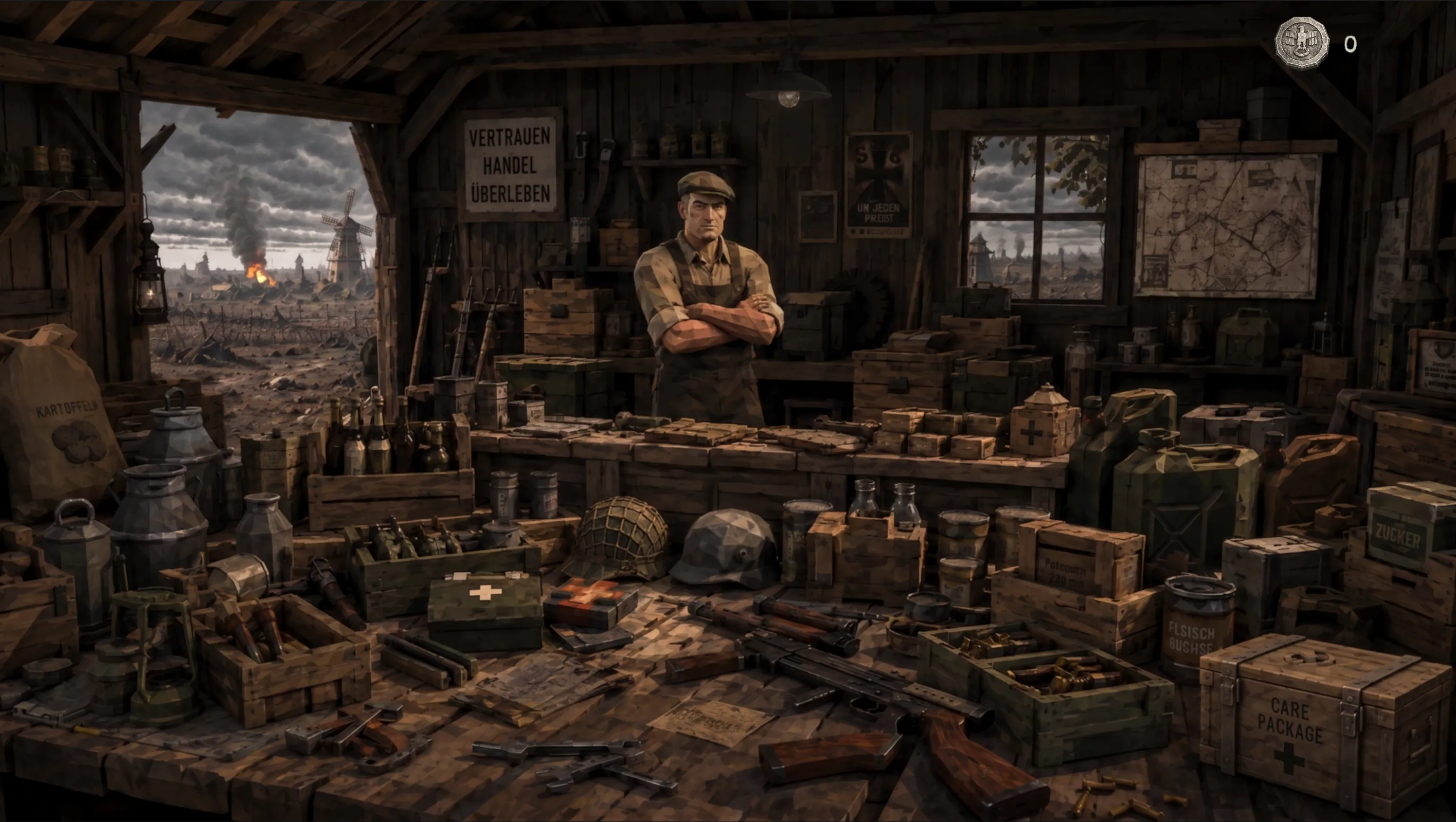 The Farmer’s trading hut — a vendor behind a workbench piled with WWII gear, ammo and crates, a battlefield burning through the doorway.