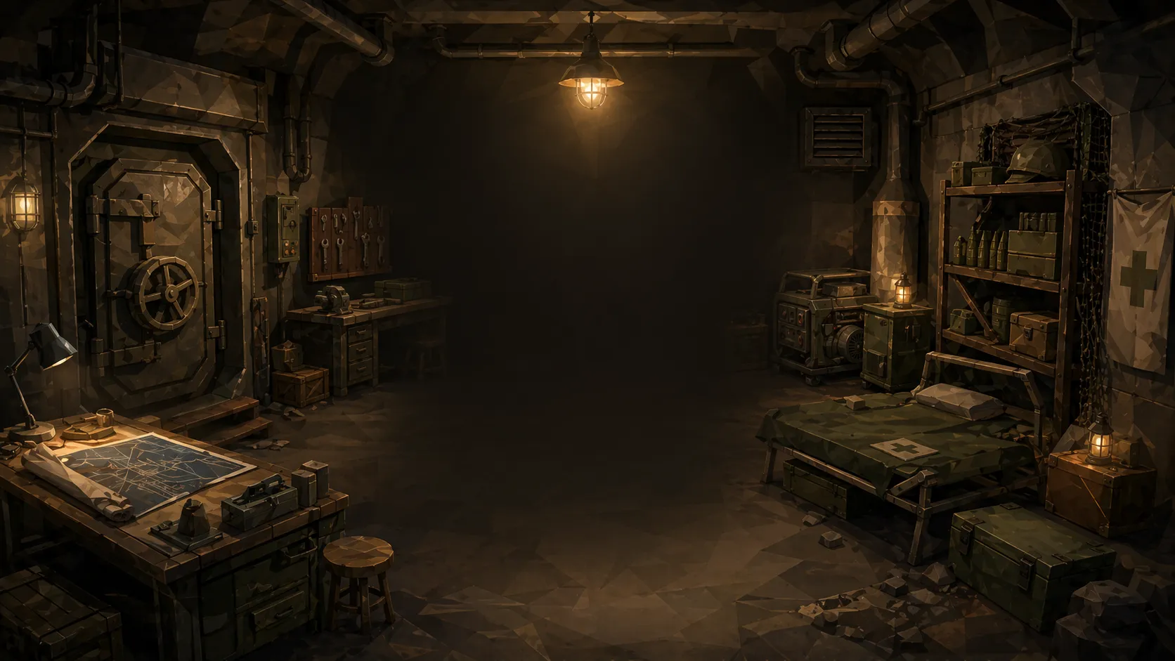 The Blood of Rations bunker — a warm, lamp-lit underground shelter: a heavy vault door, a planning desk with maps and a lamp, a cot, shelves and supply crates.